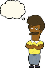 cartoon mustache muscle man with thought bubble