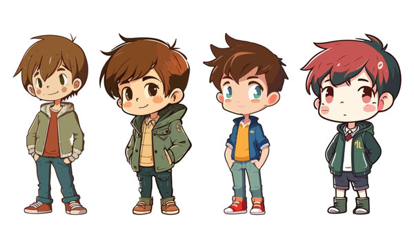 Cute anime kawaii cartoon of four boys with different hair styles and different expressions