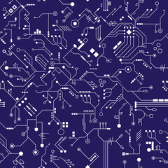 Seamless hardware motherboard pattern, computer circuit lines, connection in dark purple and white colors