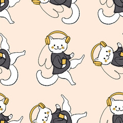 Seamless pattern with cute white cats in headphones.