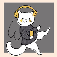 Cute white cat wearing headphones.