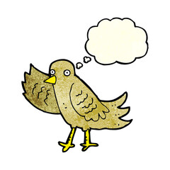 cartoon waving bird with thought bubble