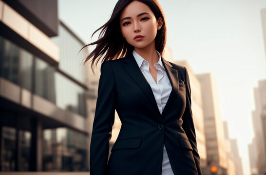 Beautiful woman in business suit on background of metropolitan. Elegant businesswoman in classic style in downtown. Generative AI.