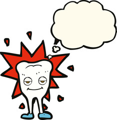 cartoon happy tooth with thought bubble