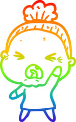 rainbow gradient line drawing cartoon angry old woman