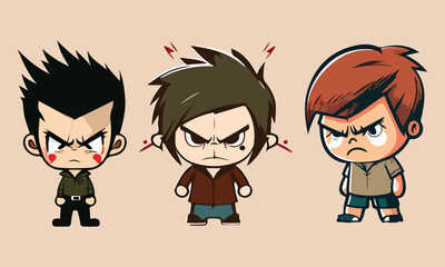 Angry anime kawaii cartoon of three boys with different expressions