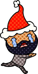 comic book style illustration of a bearded man crying wearing santa hat
