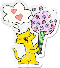 cartoon cat in love with flowers and thought bubble as a distressed worn sticker