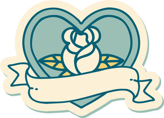 tattoo style sticker of a heart rose and banner