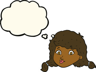 cartoon pretty female face with thought bubble