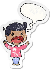 cartoon shouting man and speech bubble distressed sticker