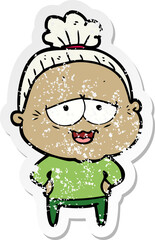 distressed sticker of a cartoon happy old lady