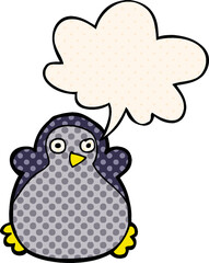 cartoon penguin and speech bubble in comic book style