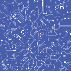 Seamless hardware motherboard pattern, computer circuit lines, connection in blue-white colors