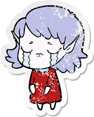 distressed sticker of a crying cartoon elf girl