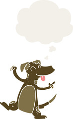 cartoon dancing dog and thought bubble in retro style