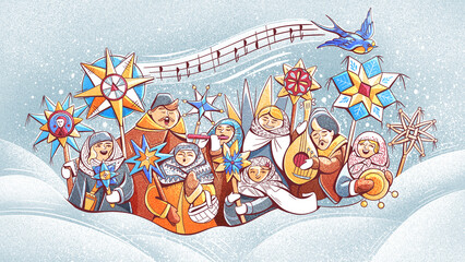 Illustration Ukrainian folk holiday in winter, Ukrainians in beautiful ethnic clothes.