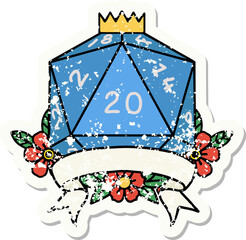 natural 20 critical hit D20 dice roll grunge sticker