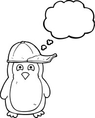 thought bubble cartoon penguin wearing hat