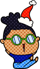 comic book style illustration of a woman wearing spectacles wearing santa hat