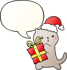 cute cartoon cat carrying christmas present and speech bubble in smooth gradient style