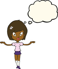 cartoon woman making balancing gesture with thought bubble