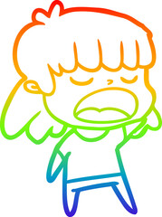 rainbow gradient line drawing cartoon woman talking loudly