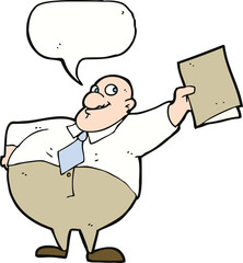 cartoon happy boss with file with speech bubble