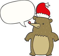 cartoon bear wearing christmas hat and speech bubble