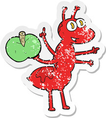 retro distressed sticker of a cartoon ant with apple