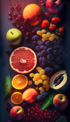 Scenic background from fruits. Creative summer background created with Generative AI technology.