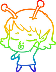rainbow gradient line drawing cute alien girl cartoon