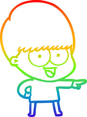 rainbow gradient line drawing happy cartoon boy pointing