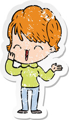 distressed sticker of a cartoon laughing woman