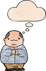 cartoon balding man and thought bubble in grunge texture pattern style