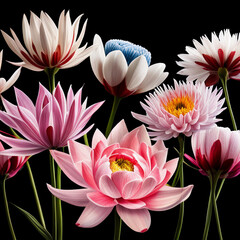 Naklejka premium Bunte Blumen vor schwarzen Hintergrund, Generative AI