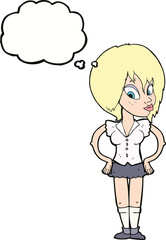 cartoon woman with hands on hips with thought bubble