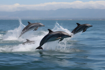 Obraz premium Dolphins leaping out of the water created wtih AI