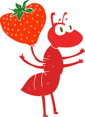 flat color illustration of a cartoon ant carrying food