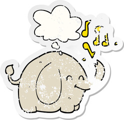 cartoon trumpeting elephant and thought bubble as a distressed worn sticker