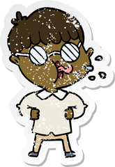 distressed sticker of a cartoon boy wearing spectacles