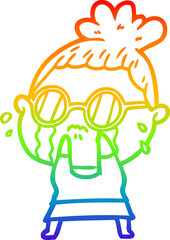 rainbow gradient line drawing cartoon crying woman wearing sunglasses