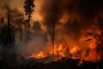 Forest fire, with orange flames and dark smoke against a smoky sky created with AI