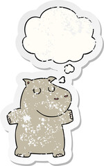 cartoon hippo and thought bubble as a distressed worn sticker