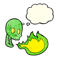cartoon fire breathing skull with thought bubble
