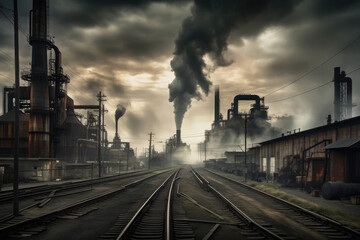 Fototapeta na wymiar Industrial factory with smokestacks and pipes spewing steam created with AI