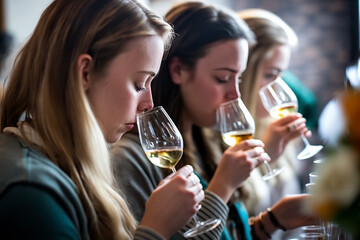 Young woman smells a glass of white wine during a wine tasting or tasting. Generative IA