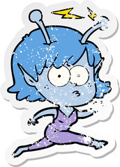 distressed sticker of a cartoon alien girl