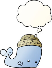 cartoon whale wearing hat and thought bubble in smooth gradient style
