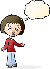 cartoon tired woman with thought bubble